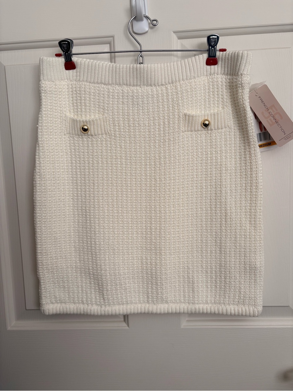 French Connection Ivory Knit Mini Skirt with Gold Buttons
